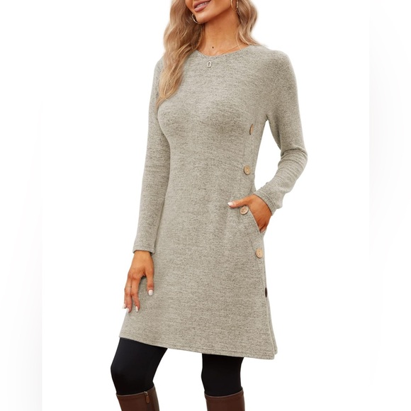 Jar of Love Long Sleeve Scoop Neck Button Side Causal Fall Dress with Pockets - Picture 1 of 6